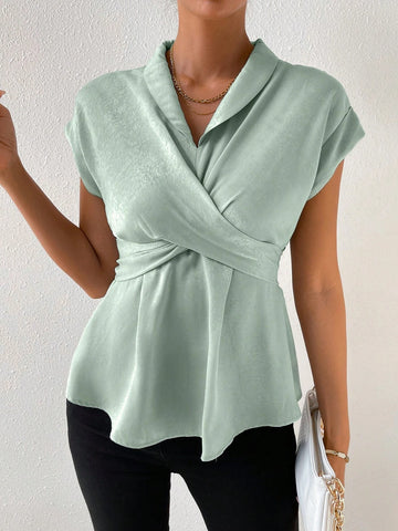 Solid Wrap Cross Batwing Sleeve Blouse