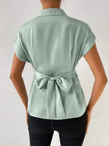 Solid Wrap Cross Batwing Sleeve Blouse