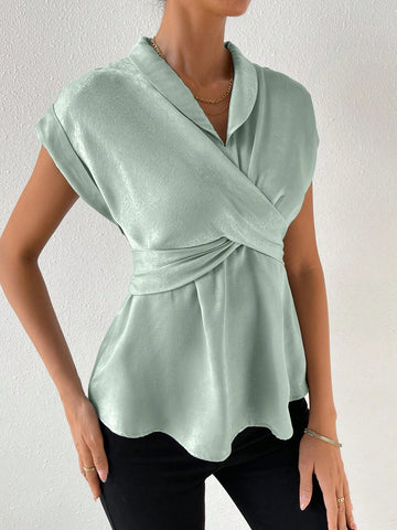 Solid Wrap Cross Batwing Sleeve Blouse