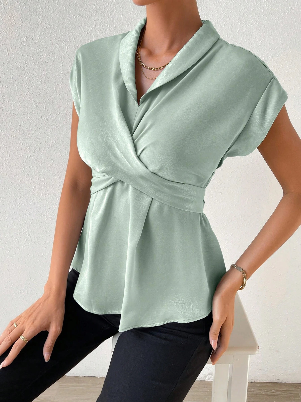 Solid Wrap Cross Batwing Sleeve Blouse