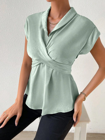 Solid Wrap Cross Batwing Sleeve Blouse