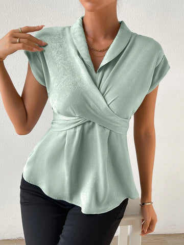 Solid Wrap Cross Batwing Sleeve Blouse