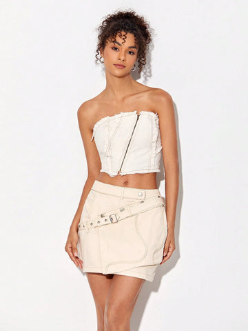 Top-stitching Belted Skirt