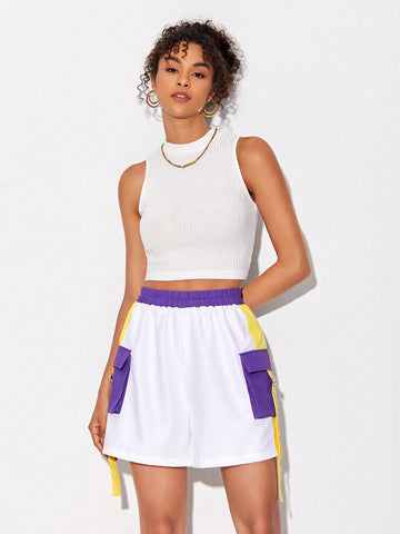 Colorblock Flap Pocket Buckle Detail Shorts