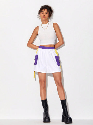 Colorblock Flap Pocket Buckle Detail Shorts