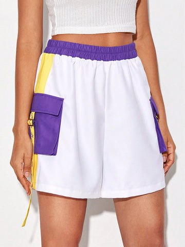 Colorblock Flap Pocket Buckle Detail Shorts