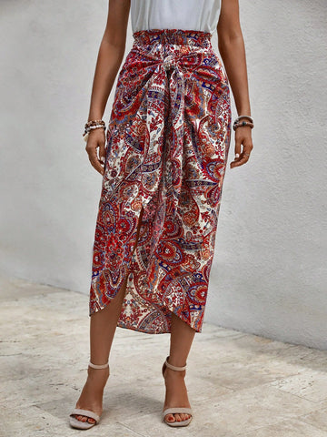EMERY ROSE Paisley Print Twist Front Asymmetrical Hem Skirt