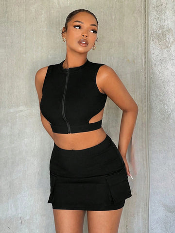 Zip Up Crop Tank Top & Skirt