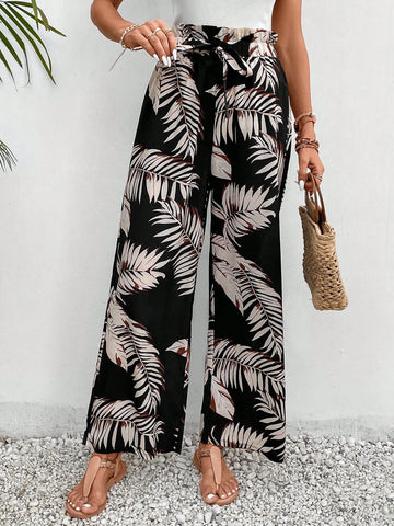 Tropical Print Tie Front Wide Leg Pants