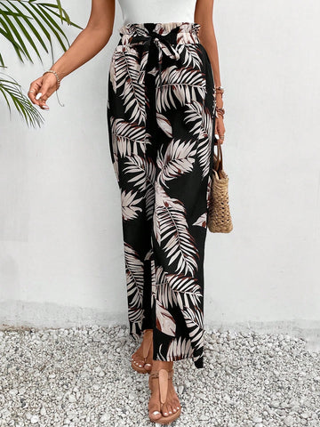 Tropical Print Tie Front Wide Leg Pants