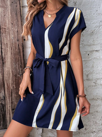 EMERY ROSE Colorblock Notched Neck Belted Dress