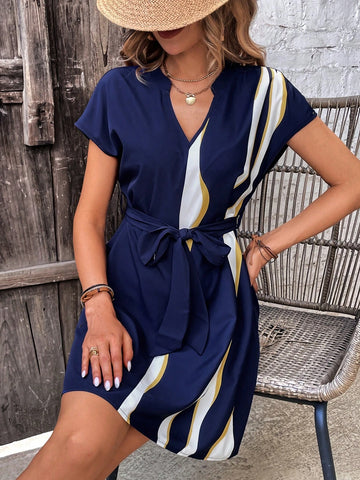 EMERY ROSE Colorblock Notched Neck Belted Dress