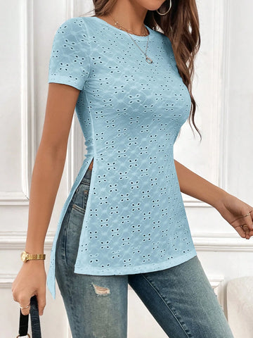 Eyelet Embroidery Split Hem Tee