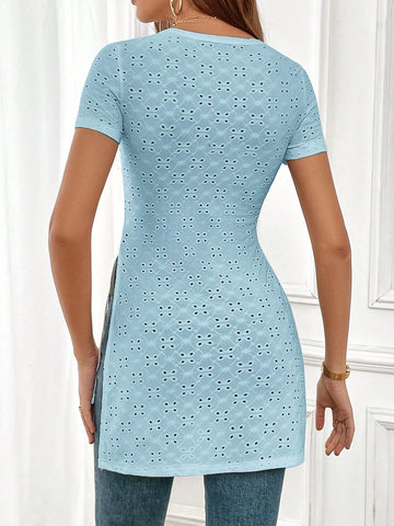 Eyelet Embroidery Split Hem Tee