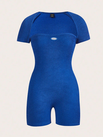 Letter Patched Detail Square Neck Unitard Romper