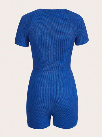 Letter Patched Detail Square Neck Unitard Romper