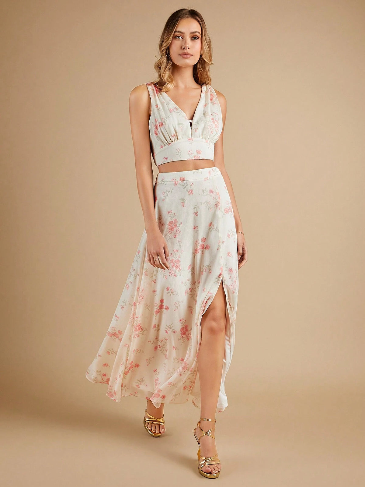 Floral Print Crop Tank Top & Split Thigh Skirt