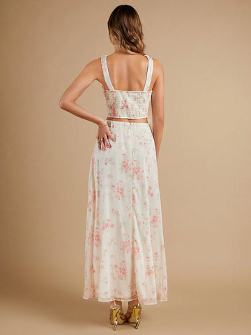 Floral Print Crop Tank Top & Split Thigh Skirt