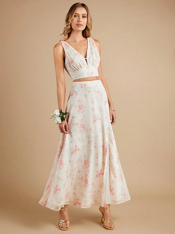 Floral Print Crop Tank Top & Split Thigh Skirt