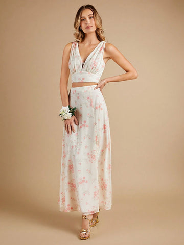 Floral Print Crop Tank Top & Split Thigh Skirt