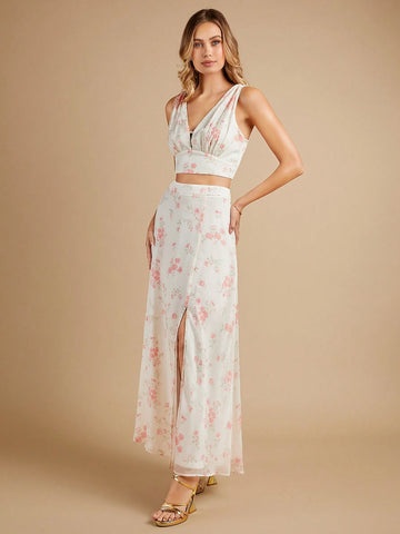 Floral Print Crop Tank Top & Split Thigh Skirt