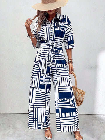 Geo Print Drop Shoulder Belted Shirt Jumpsuit