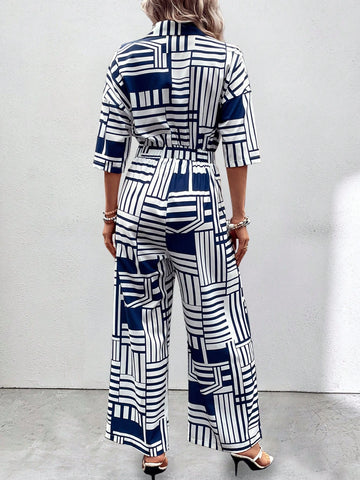Geo Print Drop Shoulder Belted Shirt Jumpsuit