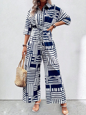 Geo Print Drop Shoulder Belted Shirt Jumpsuit