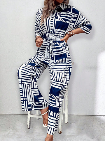 Geo Print Drop Shoulder Belted Shirt Jumpsuit