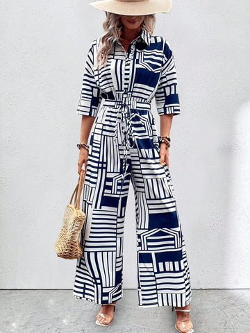Geo Print Drop Shoulder Belted Shirt Jumpsuit