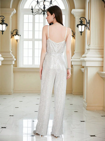Surplice Neck Belted Sequin Cami Jumpsuit