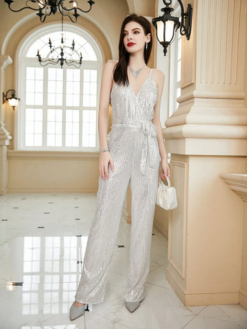 Surplice Neck Belted Sequin Cami Jumpsuit
