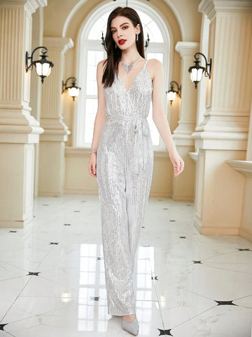 Surplice Neck Belted Sequin Cami Jumpsuit