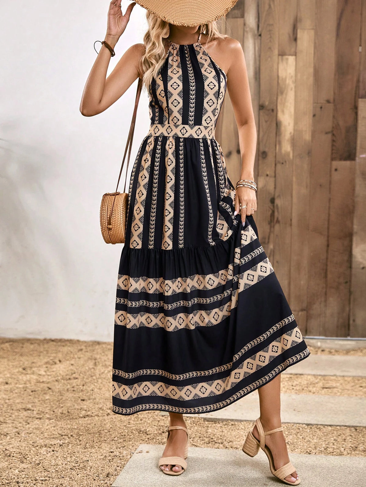 EMERY ROSE Geo Print Ruffle Hem Halter Dress