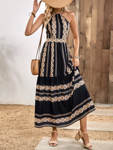 EMERY ROSE Geo Print Ruffle Hem Halter Dress