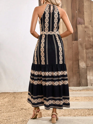 EMERY ROSE Geo Print Ruffle Hem Halter Dress