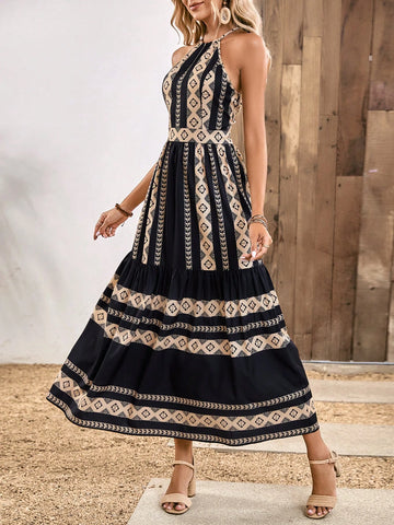 EMERY ROSE Geo Print Ruffle Hem Halter Dress