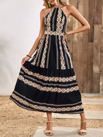 EMERY ROSE Geo Print Ruffle Hem Halter Dress