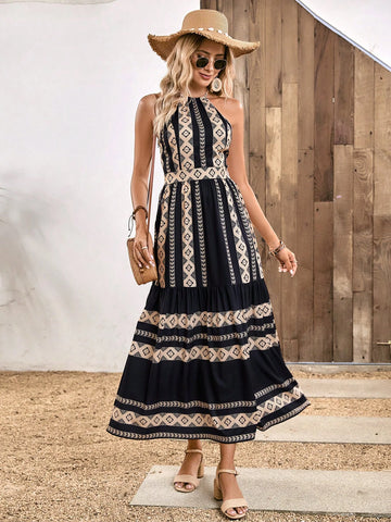 EMERY ROSE Geo Print Ruffle Hem Halter Dress