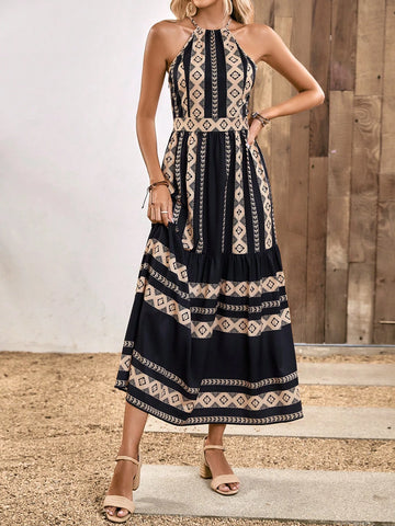 EMERY ROSE Geo Print Ruffle Hem Halter Dress