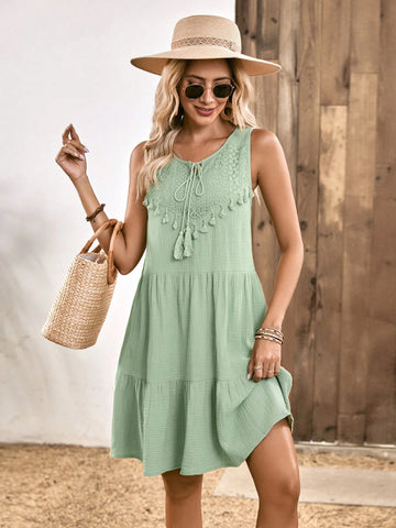 EMERY ROSE Tassel Tie Neck Eyelet Embroidery Ruffle Hem Smock Dress