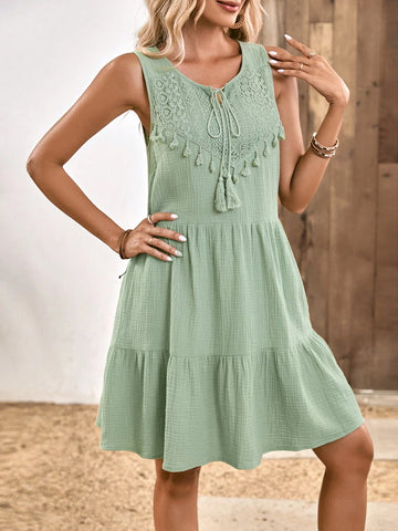 EMERY ROSE Tassel Tie Neck Eyelet Embroidery Ruffle Hem Smock Dress