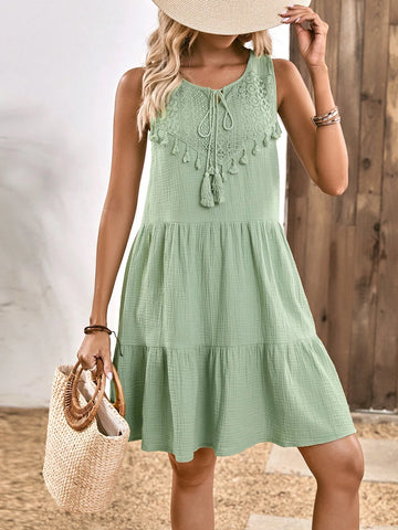EMERY ROSE Tassel Tie Neck Eyelet Embroidery Ruffle Hem Smock Dress