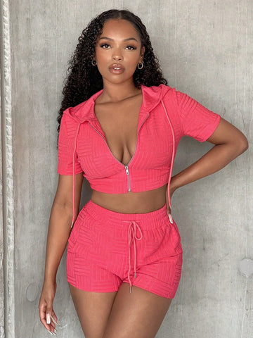 Zip Up Drawstring Hooded Crop Jacket & Shorts