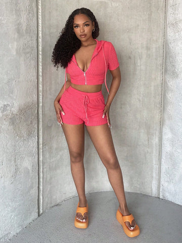 Zip Up Drawstring Hooded Crop Jacket & Shorts
