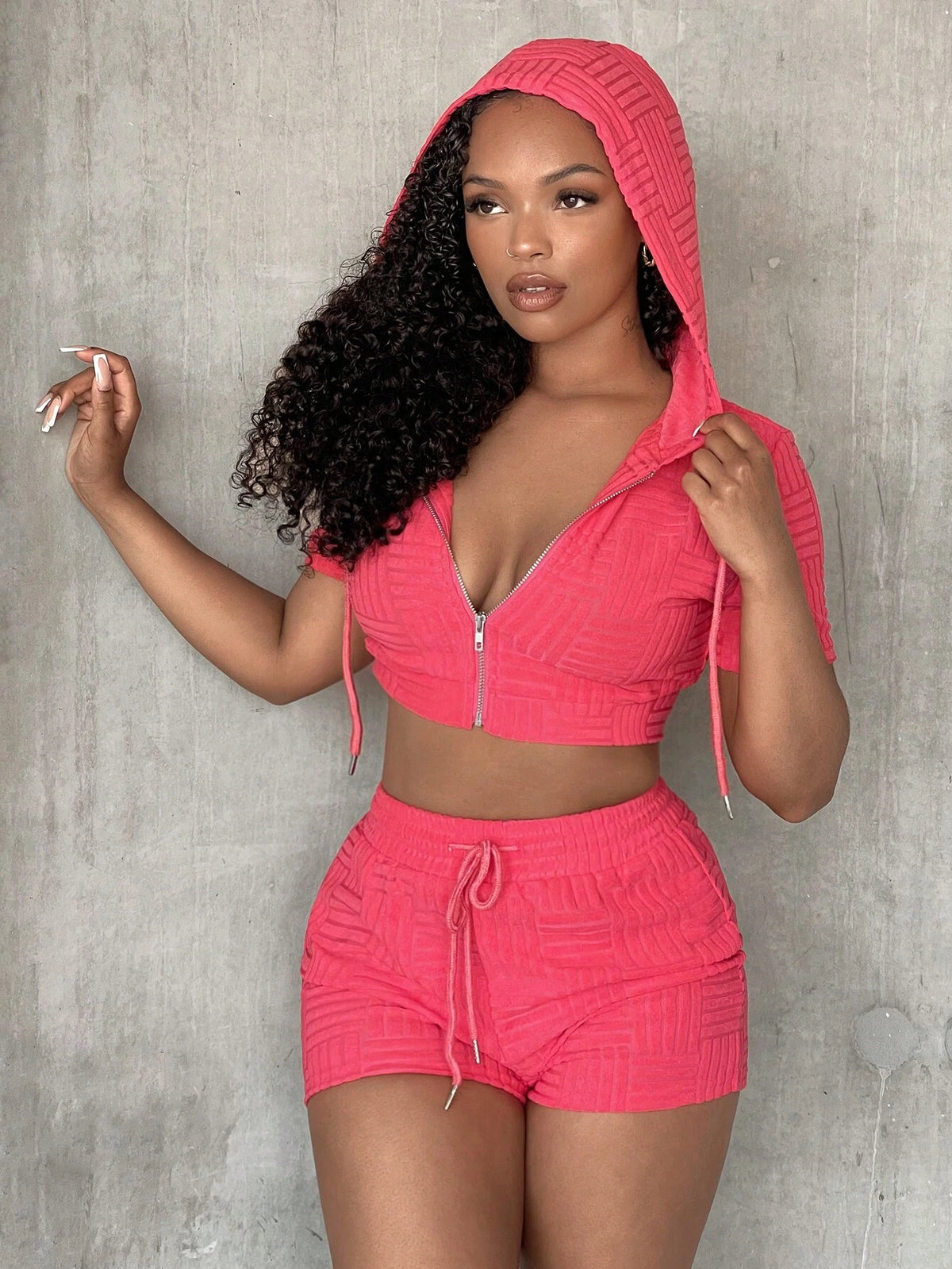 Zip Up Drawstring Hooded Crop Jacket & Shorts