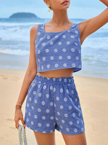 Floral & Gingham Print Split Back Top & Shorts
