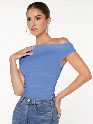 BAE Asymmetrical Neck Ruched Tee