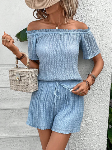 Off Shoulder Frill Trim Top & Knot Front Shorts