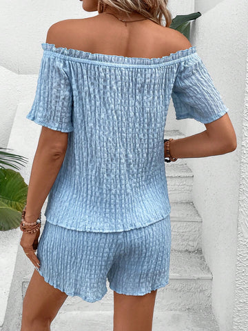 Off Shoulder Frill Trim Top & Knot Front Shorts